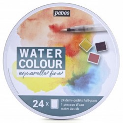 Pebeo Fine Metal Round Pébéo Painting Box Watercolour Palette Kit 24 Half Buc...